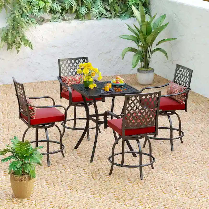MAISONARTS 3/5-Piece Patio High Bar Stool Set Rattan Chair Back Cushioned High Bar stool & Steel High Table