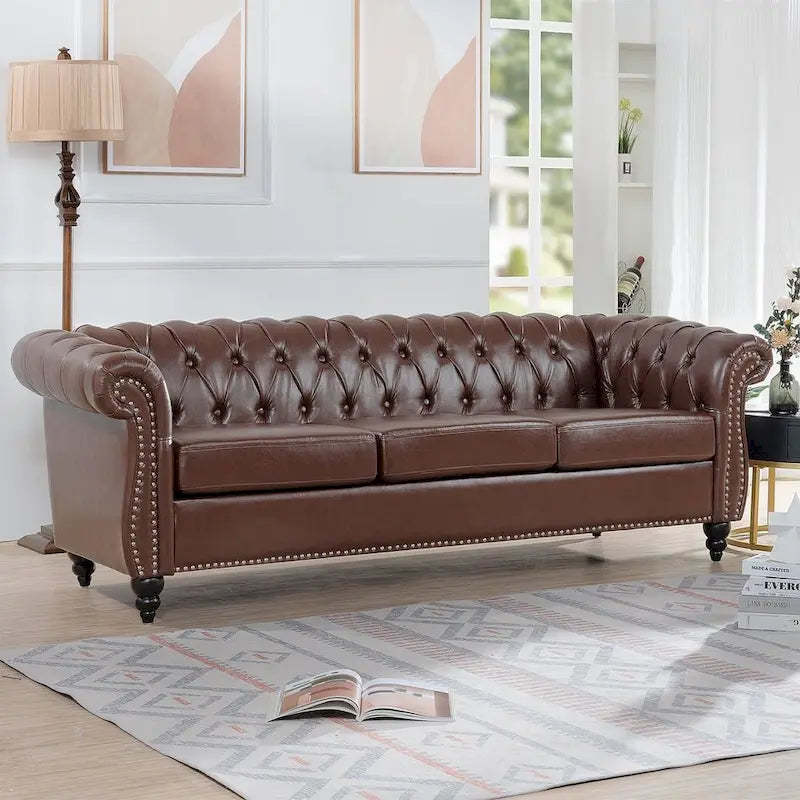 84.65 Chesterfield Tufted Faux Leather Sofa with Rolled Arms