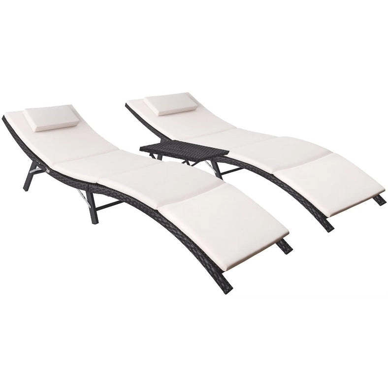 Homall 3 Pieces Patio Chaise Lounge with Removable Cushions Unadjustable Wicker Folding Chaise Lounge with Folding Table