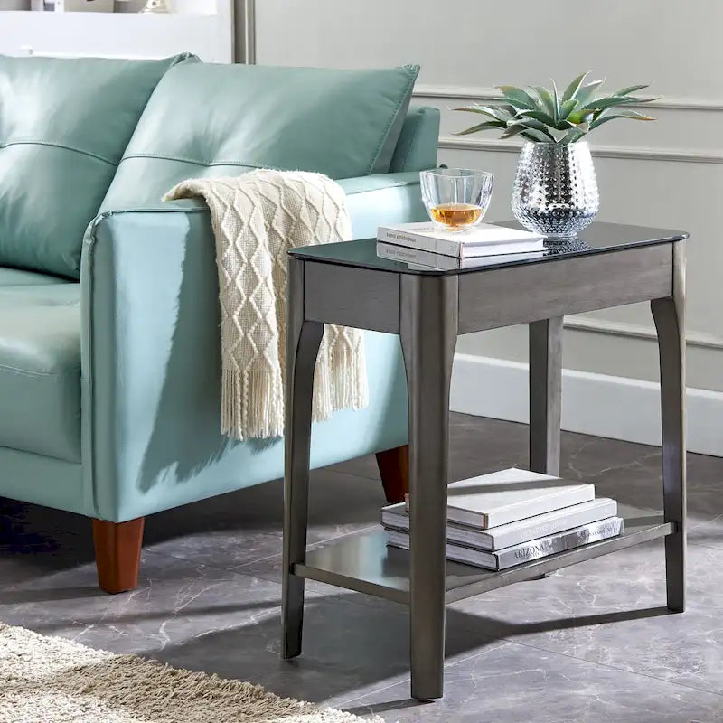 Hemer Narrow End Table with Black Glass Top