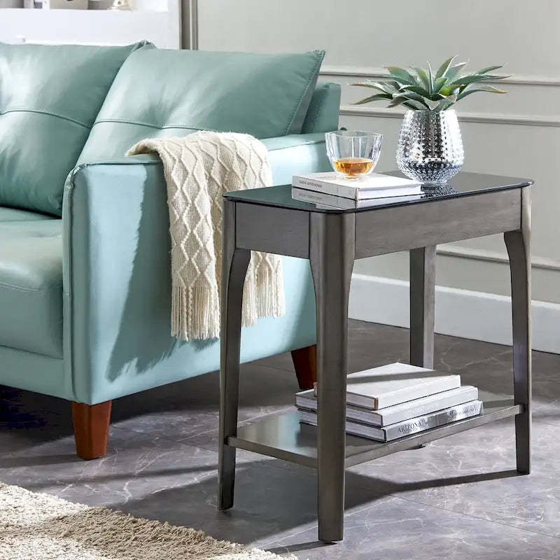 Hemer Narrow End Table with Black Glass Top