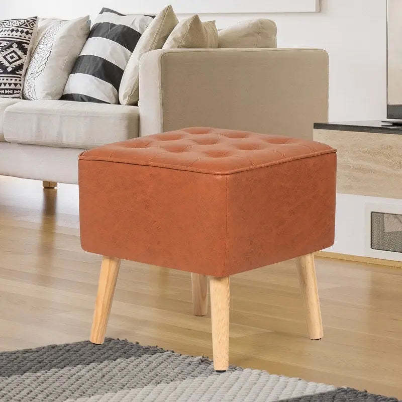 Adeco Square Faux Leather Tufted Footstool Ottoman Footrest Stool