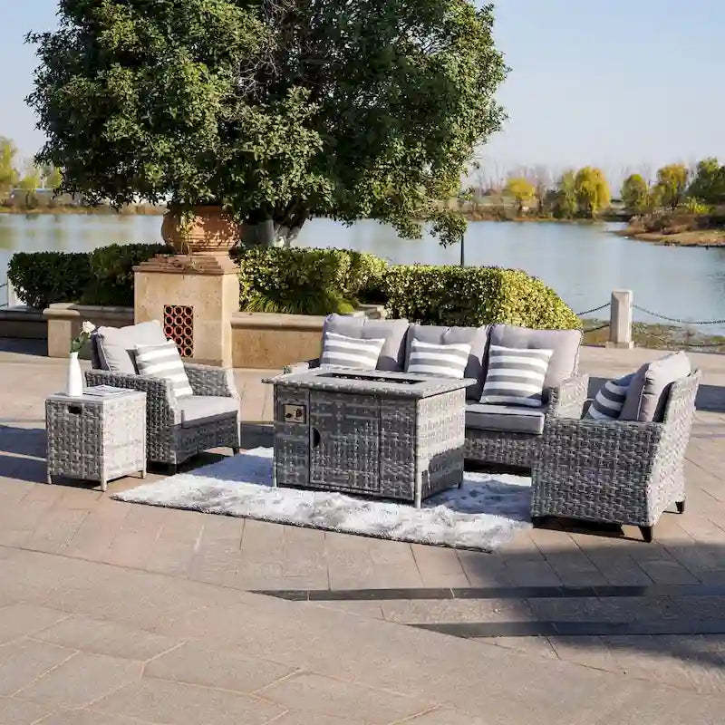 Abrihome 5-piece Wicker Patio Garden Furniture Sofa Set with Gas Fire Pit
