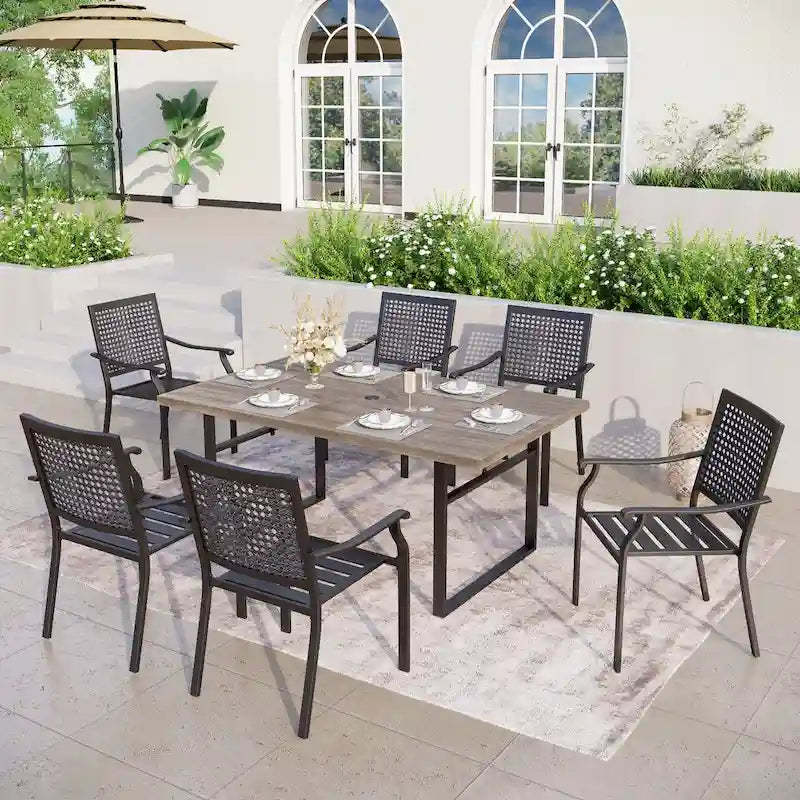 7-Piece Patio E-coating Dining Set of 6 Stackable Chairs & 1 Metal Dining Table