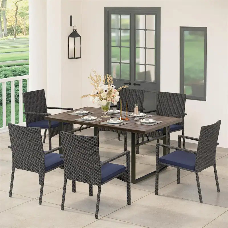 MAISON ARTS 7-Piece Patio Dining Set Printed Wood-grain Table & Rattan Dining Chairs