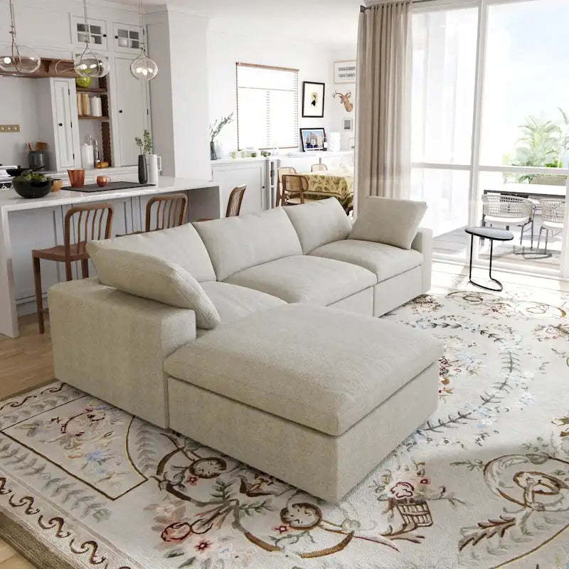L-shape Linen Sectional Sofa Upholstered Sofa Multiple Cushions Couch with Storage Ottoman