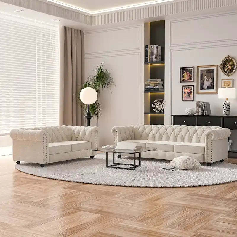 Morden Fort Tufted Upholstered Chesterfield set Loveseat, Sofa 2 PCS for Living Room, Fabric, Linen
