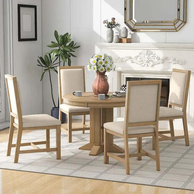 Farmhouse Retractable Round Table with 4 Upholstered Chairs
