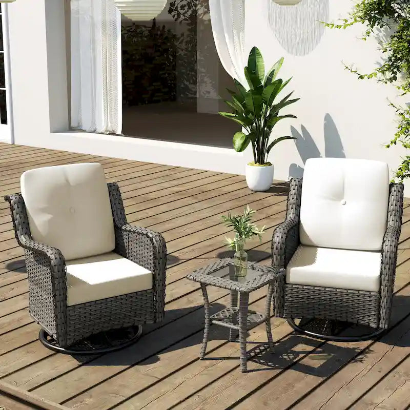 3 Pieces Patio Bistro Set with Rattan Rocking Chair Side Table