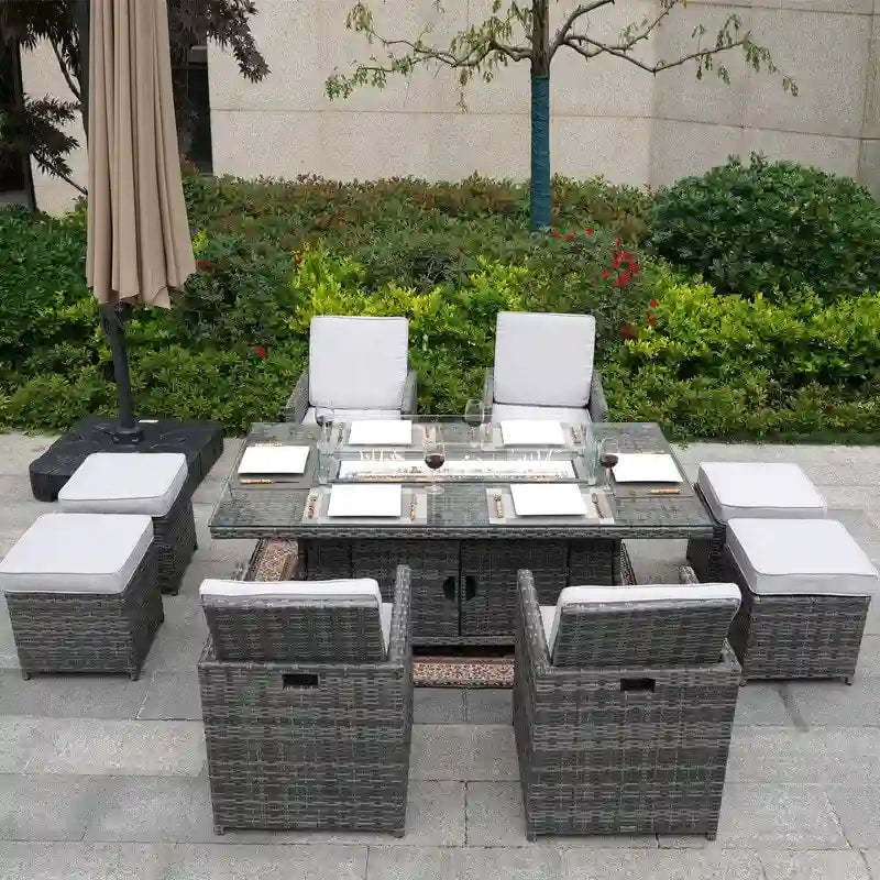 9-Piece Patio Wicker Rectangle Firepit Table with Chairs and Ottomans