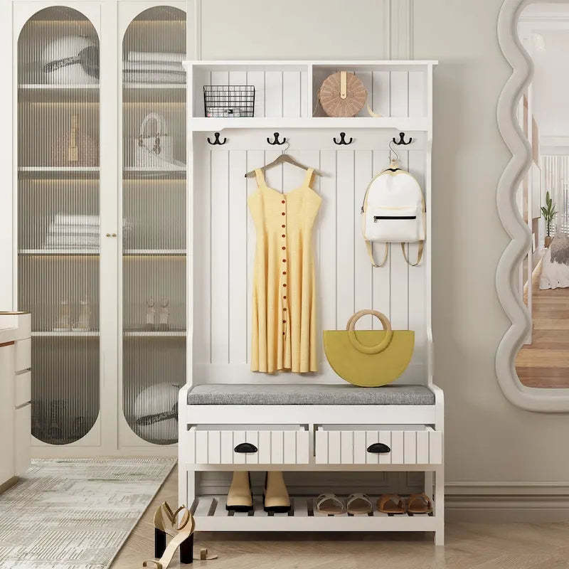 68.5H Hall Tree with Bench and Shoe Storage White/Black/Grey