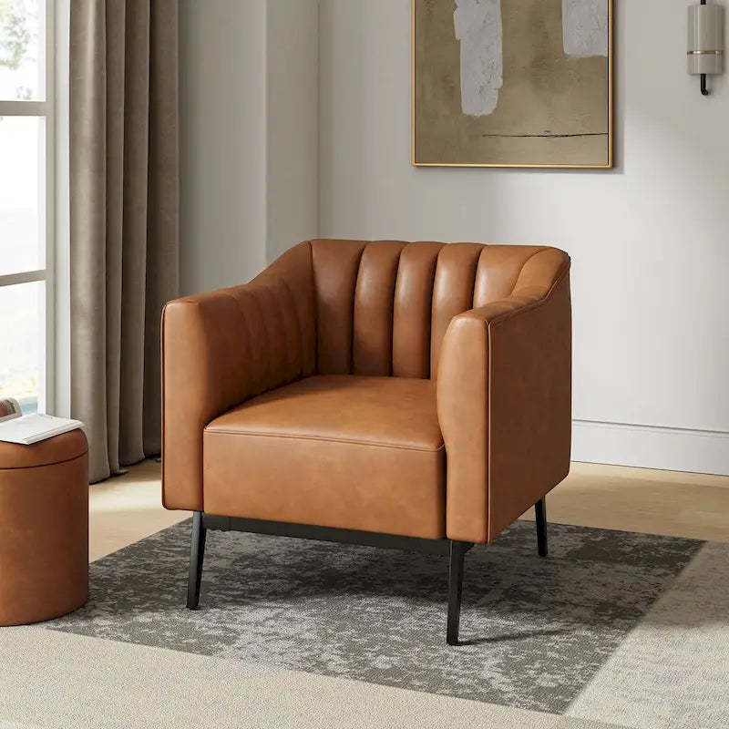 Alfons Industrial Leather Chair with Channel Tufting and Metal Leg by HULALA HOME