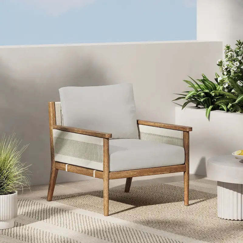 Kayden Bohemian Wooden Upholstered Armchair with Removable Cushion Covers and Solid Acacia Wood Frame