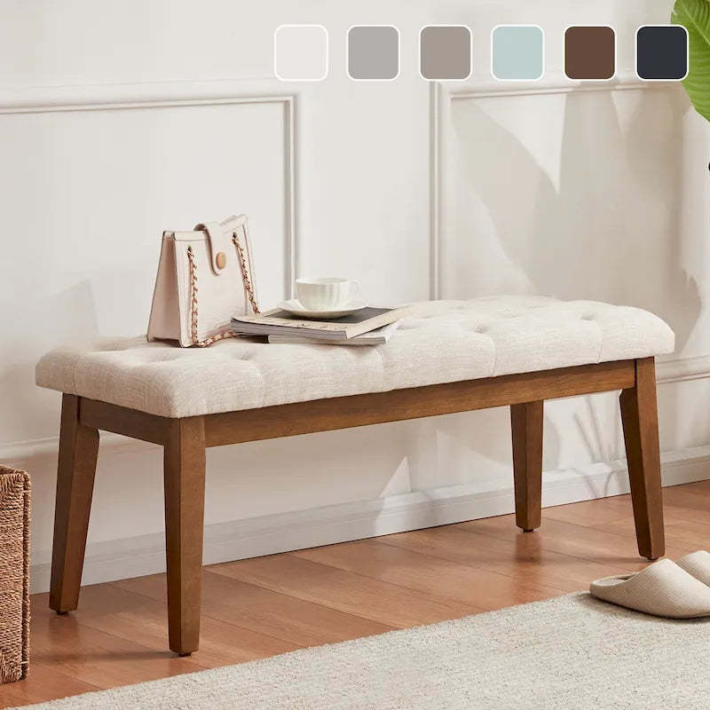 Button-Tufted Bench for End of Bed, Entryway Bench Beige/ Black/ Brown Solid Wood, Leather, Fabric 44-inch