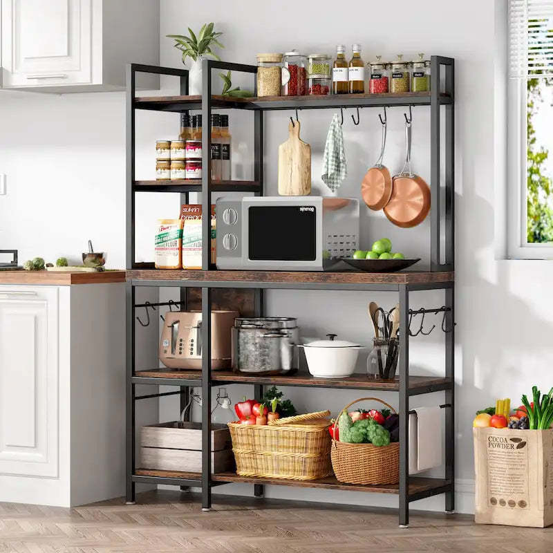 43 inch Kitchen Bakers Rack with Microwave Stand 5-Tier Kitchen Utility Storage Shelf Rack and10 Hooks for Kitchen Living Room