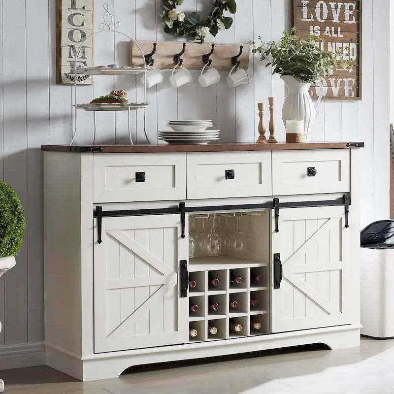 Farmhouse Bar Cabinet, Coffee/Wine Bar Cabinet w/Wine & Glass Rack
