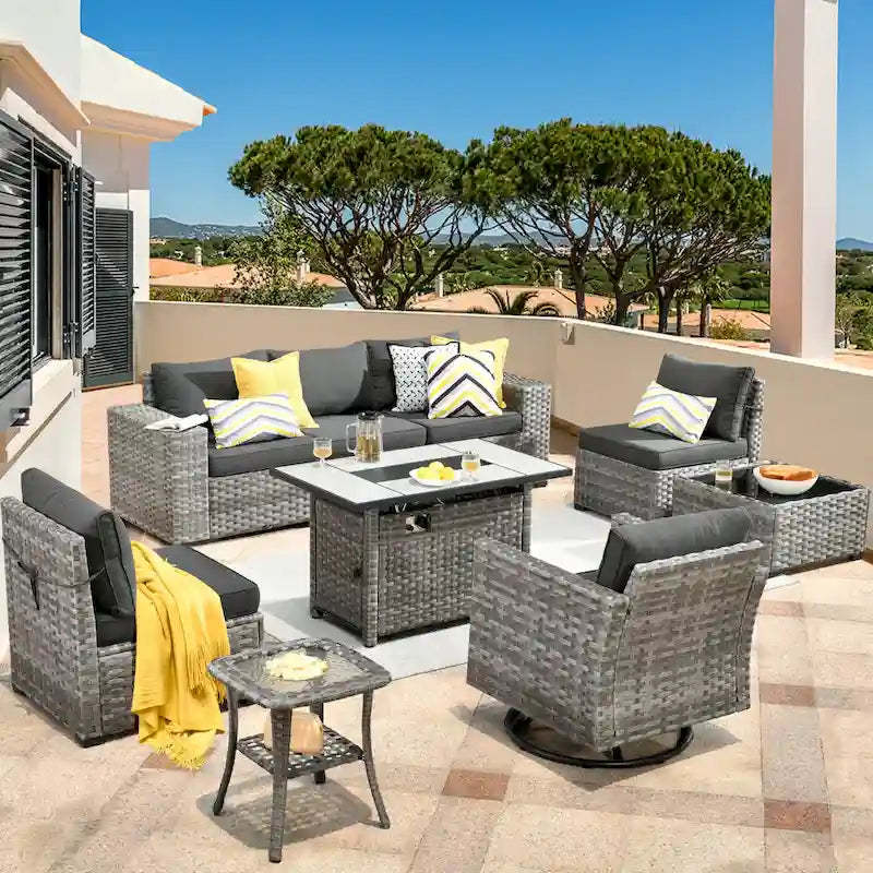 HOOOWOOO 9-piece Wicker Outdoor Modular Wide Armrest Sectional Set Fire Pit Set