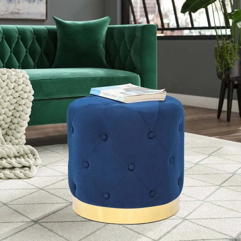 Adeco Round Velvet Ottoman Vanity Footrest Stool Gold Plating Base