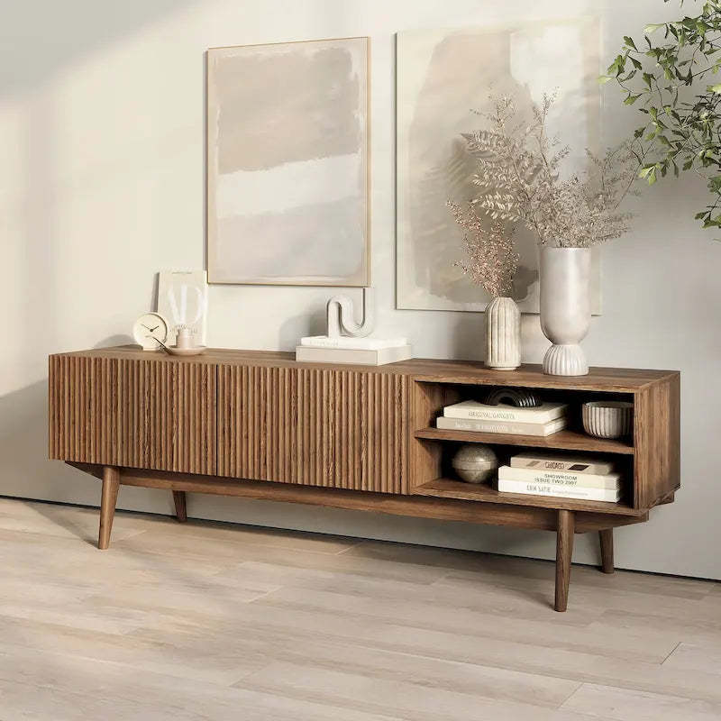 Living Skog Kelly TV Stand Console Fits TV's up to 65 in. with Wood Legs in Mid Century Modern Scandinavian Design
