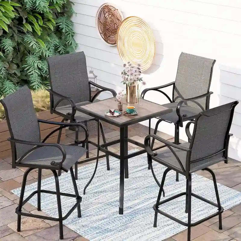 3/5-Piece Patio Bar Stool Set Wood-look Table & Grey Textilene Sling Fabric Swivel Bar Stools