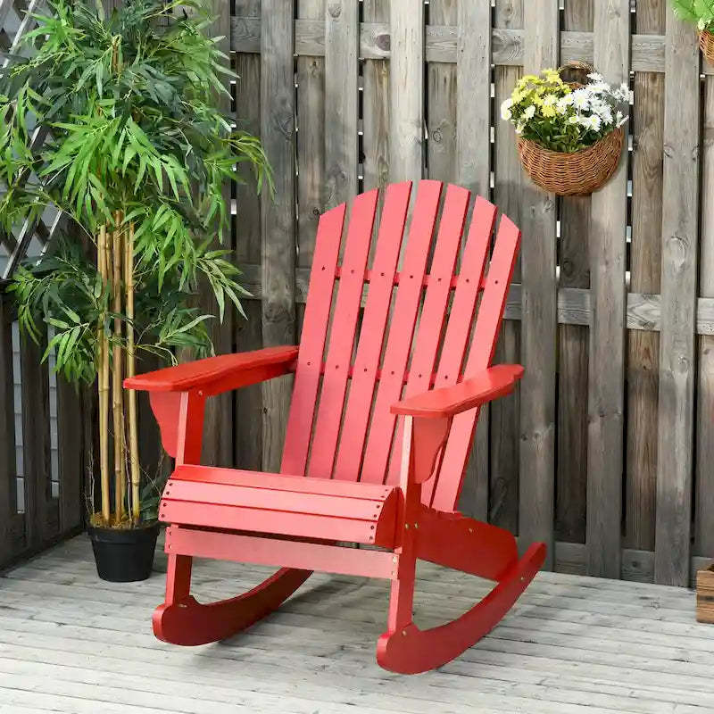 Outsunny Wooden Adirondack Rocking Chair with Slatted Wooden Design, Fanned Back, & Classic Rustic Style, Teak