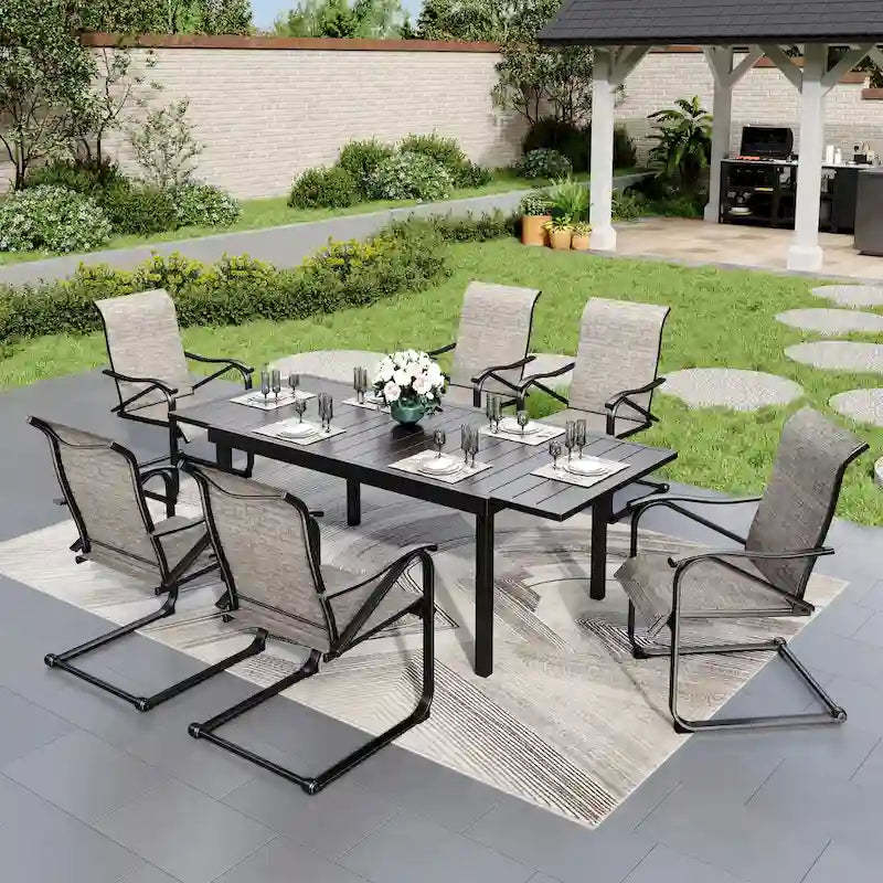 7 PCS Outdoor Patio Dining Set, 6 Spring Motion Chairs, 1 Rectangular Expandable Table