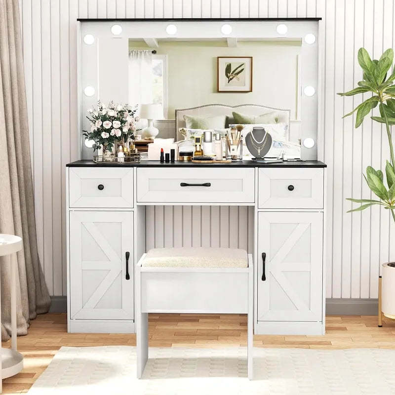 43.3 Wide Makeup Vanity Dressing Table with Adjustable Lighted Mirror and Stool, Power Outlet