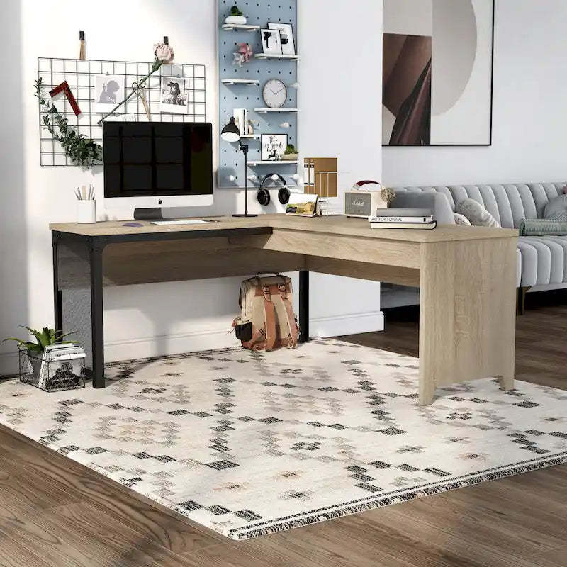 DH BASIC Industrial Natural Oak 65-inch Metal L-Shaped Standing Desk by Denhour