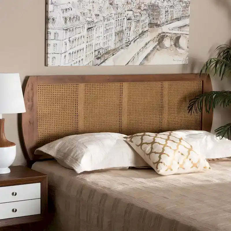 Harris Ash Walnut Wood and Synthetic Rattan Headboard