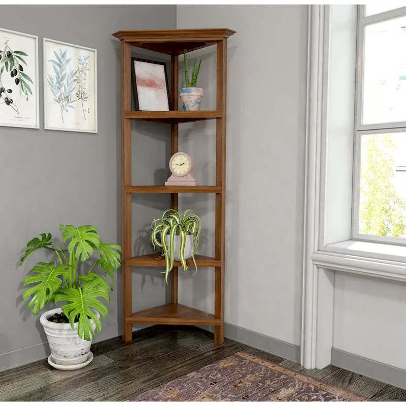 Edenton Tall Wood Corner Bookcase with 4 Shelves, Walnut