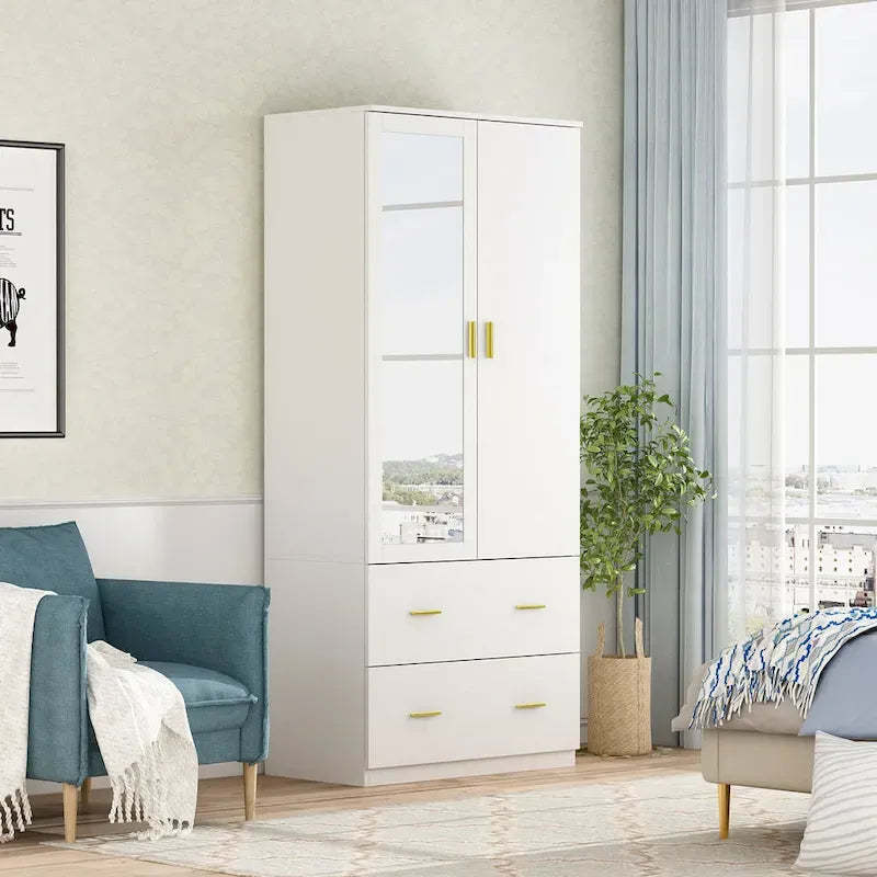 31.5W x 72H Two Door Wardrobe With Mirror White/Dark Brown Armoires - 31.5W x 72H