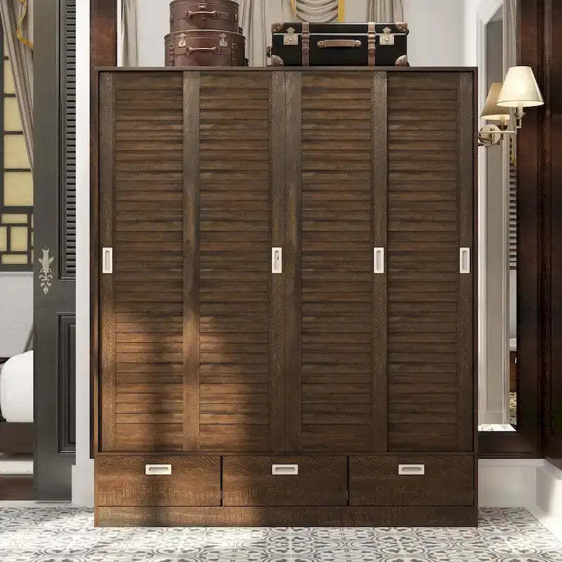 Closet Cabinet Wardrobe Armoire with Drawers, Hanging Rod Brown