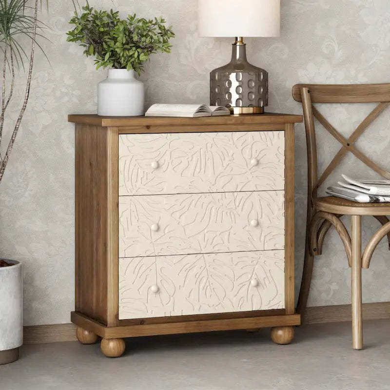 COZAYH Rustic Farmhouse 3-Drawer Nightstand with Leaves Pattern Carved, Vintage French Country Dresser Chest Accent Cabinet