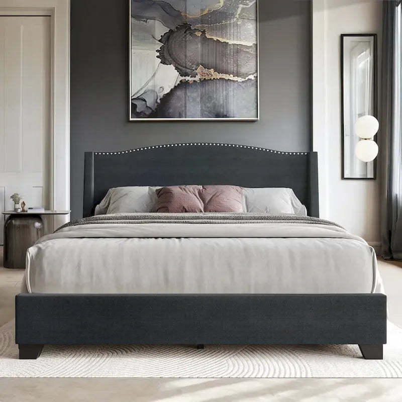 CraftPorch Elegant Chrome Nailhead Wingback Upholstered Bed with Drawers