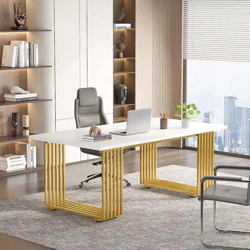 70.9 Modern Office Desk Wood Computer Desk, White Gold Executive Desk