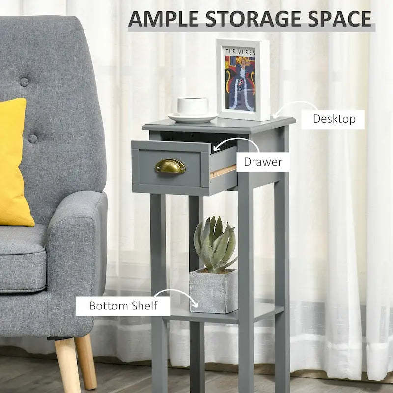 HOMCOM 2-Tier Night Stand with Drawer, Narrow End Table with Bottom Shelf, for Living Room or Bedroom