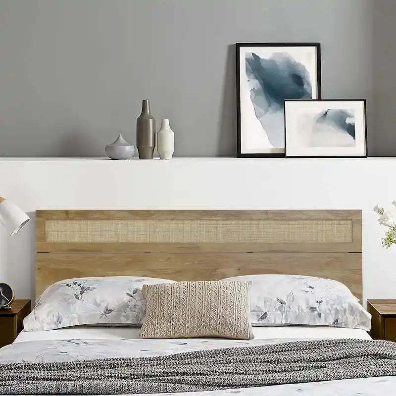 Oak Finish Manufactured Wood with Natural Rattan Top Headboard, King or Queen