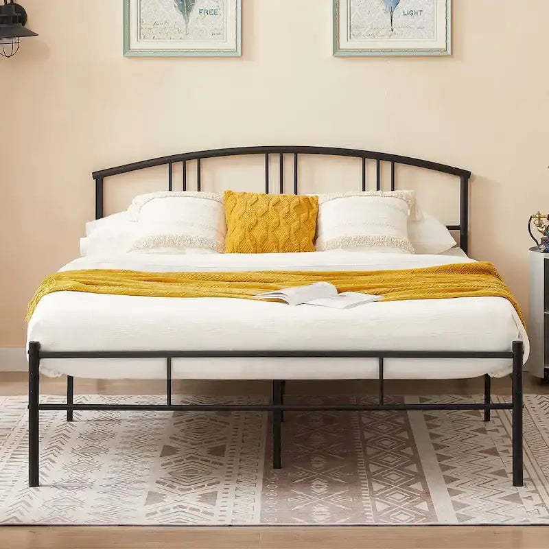 Modern Metal Bed Frames with Curved Headboard, No Box Spring Needed, Black
