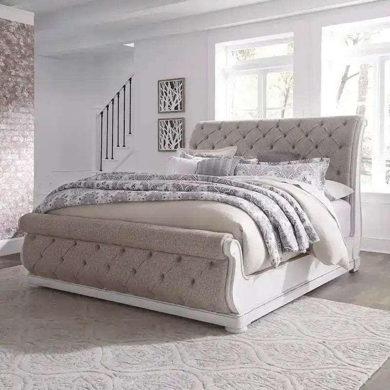 Magnolia Manor Antique White Weathered Bark King California Upholstered Sleigh Bed