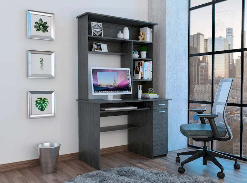 Compu 180 Hutch Desk with 5 Shelves, Retractable Keyboard Tray, CPU Panel, and Drawer