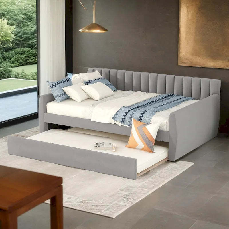 Full Size Upholstered Daybed with Trundle and Wood Slat Support