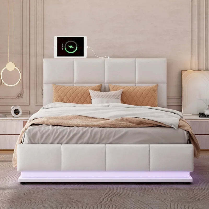 Tufted Upholstered Platform Bed with Hydraulic Storage System,Queen Size PU Storage Bed with LED Lights and USB charger