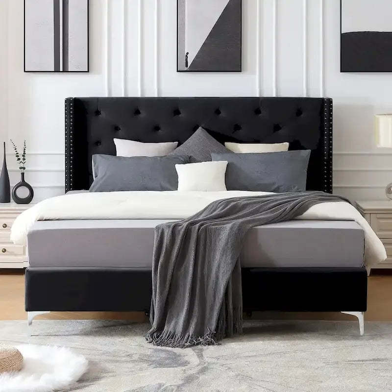 Morden Fort King Size Velvet Upholstered Platform Bed Frame with 6 inches Metal Legs