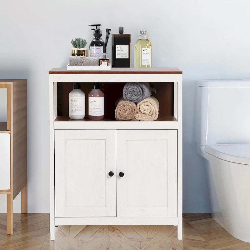 White and Brown Wood 2-Door Bathroom Storage Cabinet - 30.25 H x 23.63 W x 12.4 D