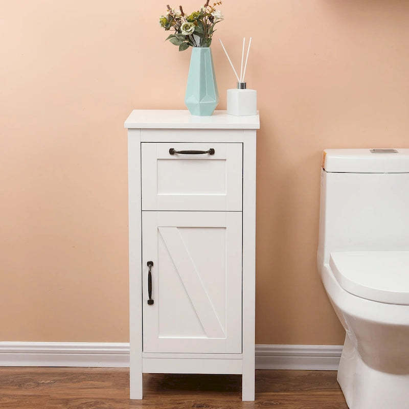 White with Black Hardware MDF Wood 1-Door and 1-Drawer Storage Cabinet - 32.1 H - 32.1 H x 15.1 W x 11.8 D