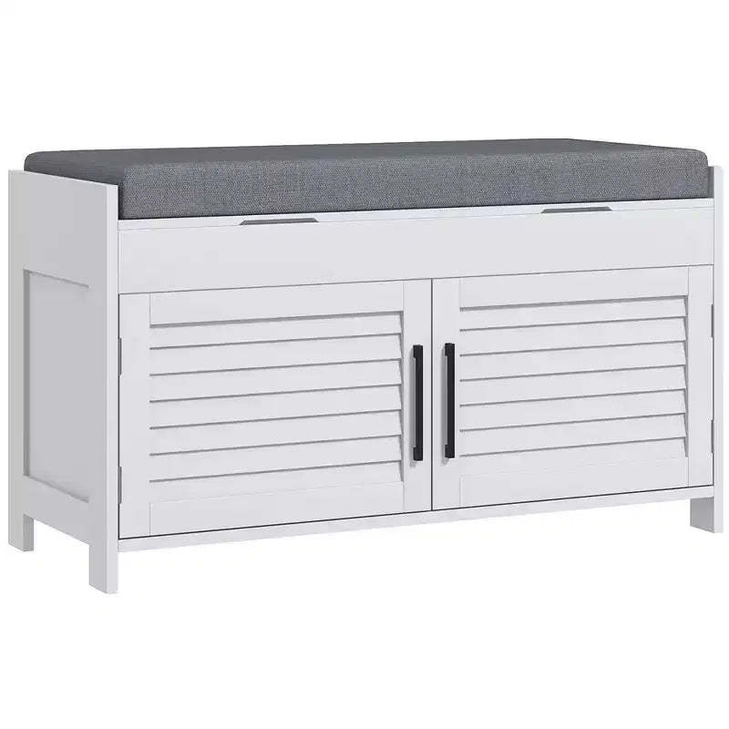 HOMCOM Shoe Bench, Modern Entryway Bench with Cushion and Hidden Compartments, 35.4 Shoe Organizer with Adjustable Shelves and Shutter Doors, White