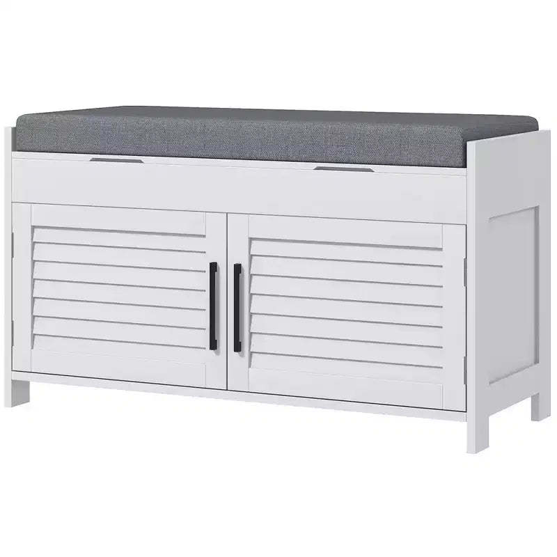 Shoe Storage Bench, Modern Entryway Bench with Cushion, Hidden Compartments, Adjustable Shelves, Shutter Doors