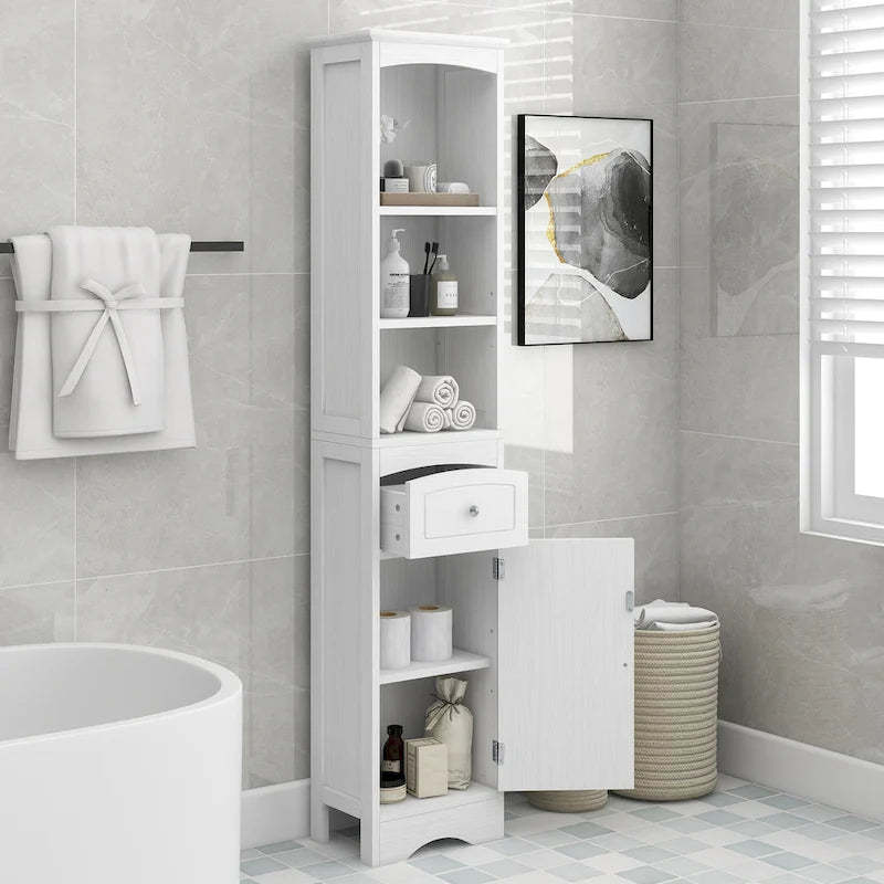 Modern White Bathroom Storage Cabinet with Adjustable Shelf,Drawer - 13.4L x 9.1W x 66.9H