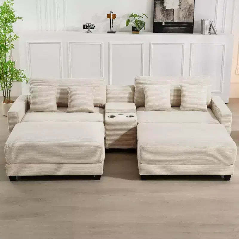Hyleory 112'' Corduroy Sectional Sofa Bench with two ottomans and Storage side table living room