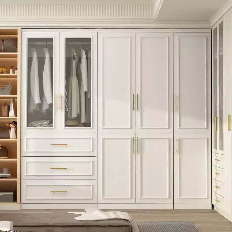 Famapy Luxe White Modular Wardrobe Armoire with Gold Hardware: Panelled Doors + Mixed-Door Design  Elegant Custom Closet for Bedrooms